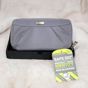 TRAVELON Full Zipper Wallet Wristlet RFID Protection 7.5” x 4” NWT Gray & Purple